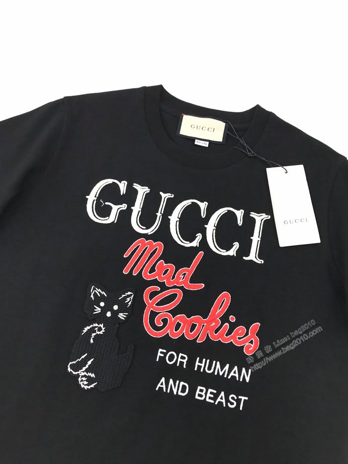Gucci男裝 古奇2020秋冬新款小黑貓刺繡貼布logo短袖Tee  ydi3481